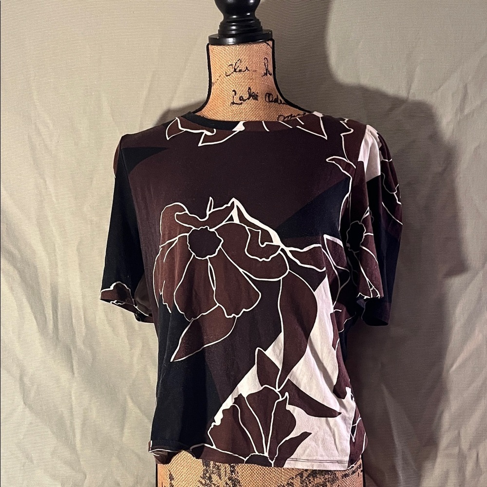 Floral Brown and White Women's Top Medium